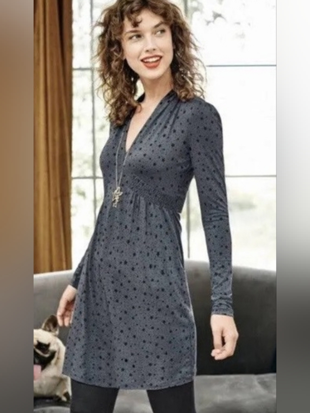 Boden Jersey Tunic Long Sleeve V-Neck Gray Star Print Dress Size 4R